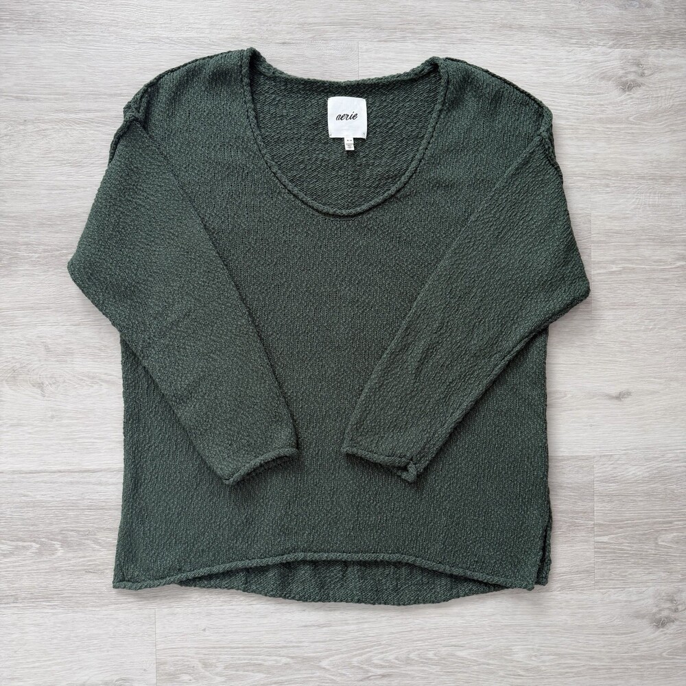 AERIE Oversized VOOP SWEATER Green Textured V-SCOOP NECK Rolled Edges Size M EUC